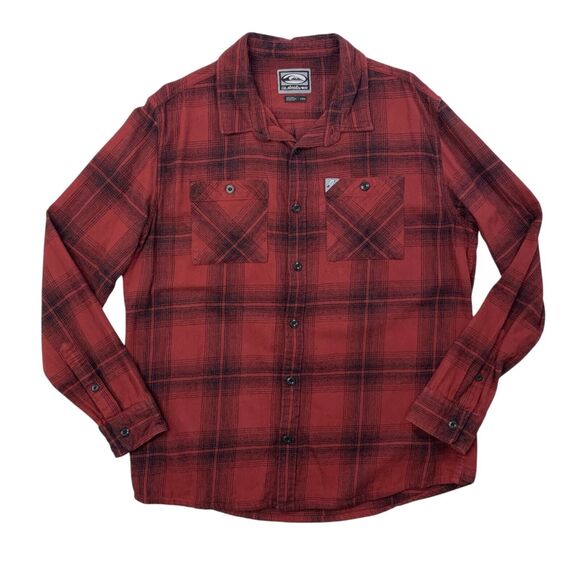 Quiksilver Shirt Mens L Large Red Black Saturn Plaid Lightweight Cotton Flannel - Picture 1 of 13